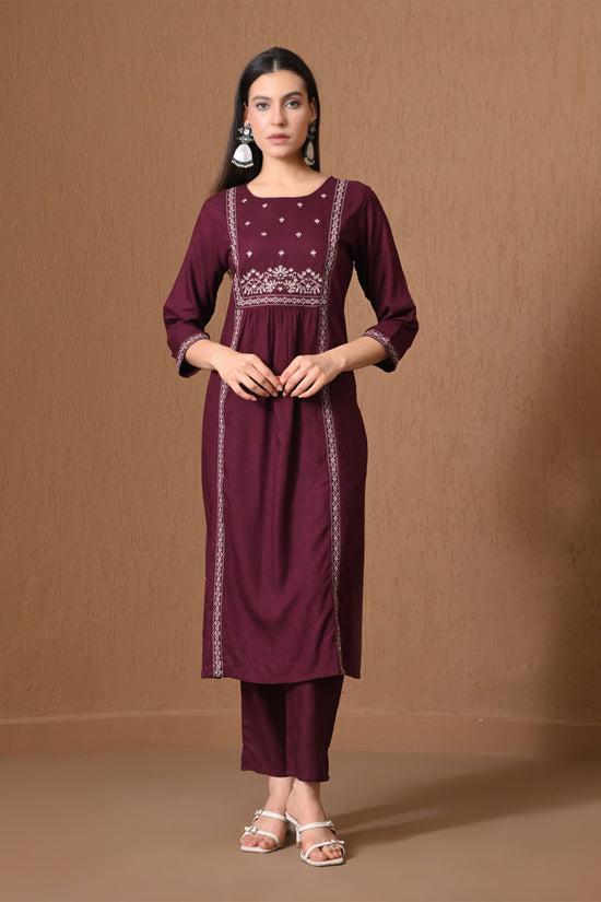 Wine Embroidered A-line Kurta 3 Pcs Set