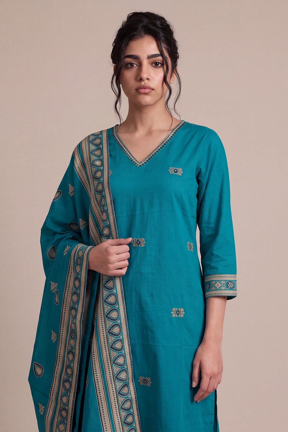 Teal Printed Kurta 3 Pcs Set