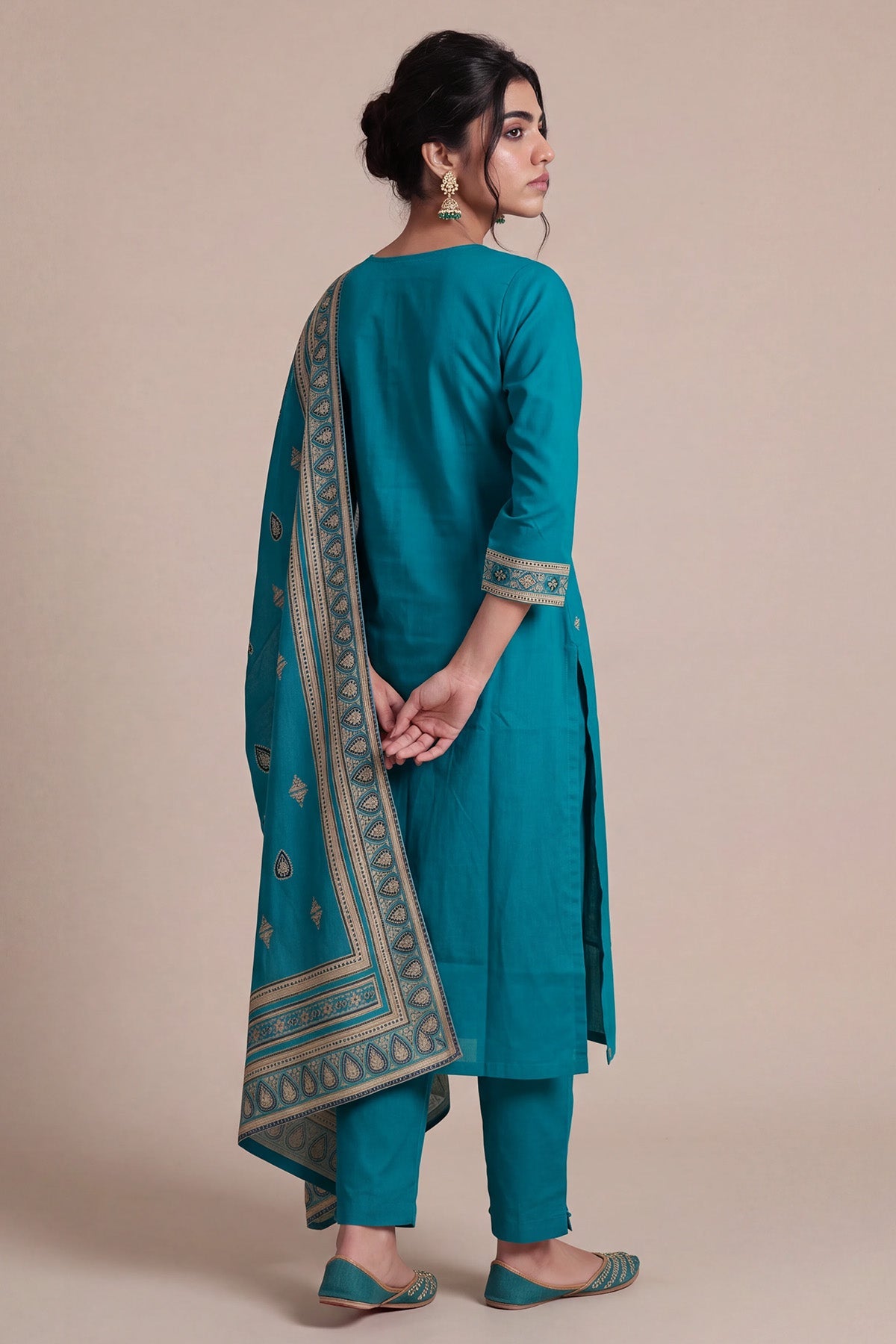 Teal Printed Kurta 3 Pcs Set