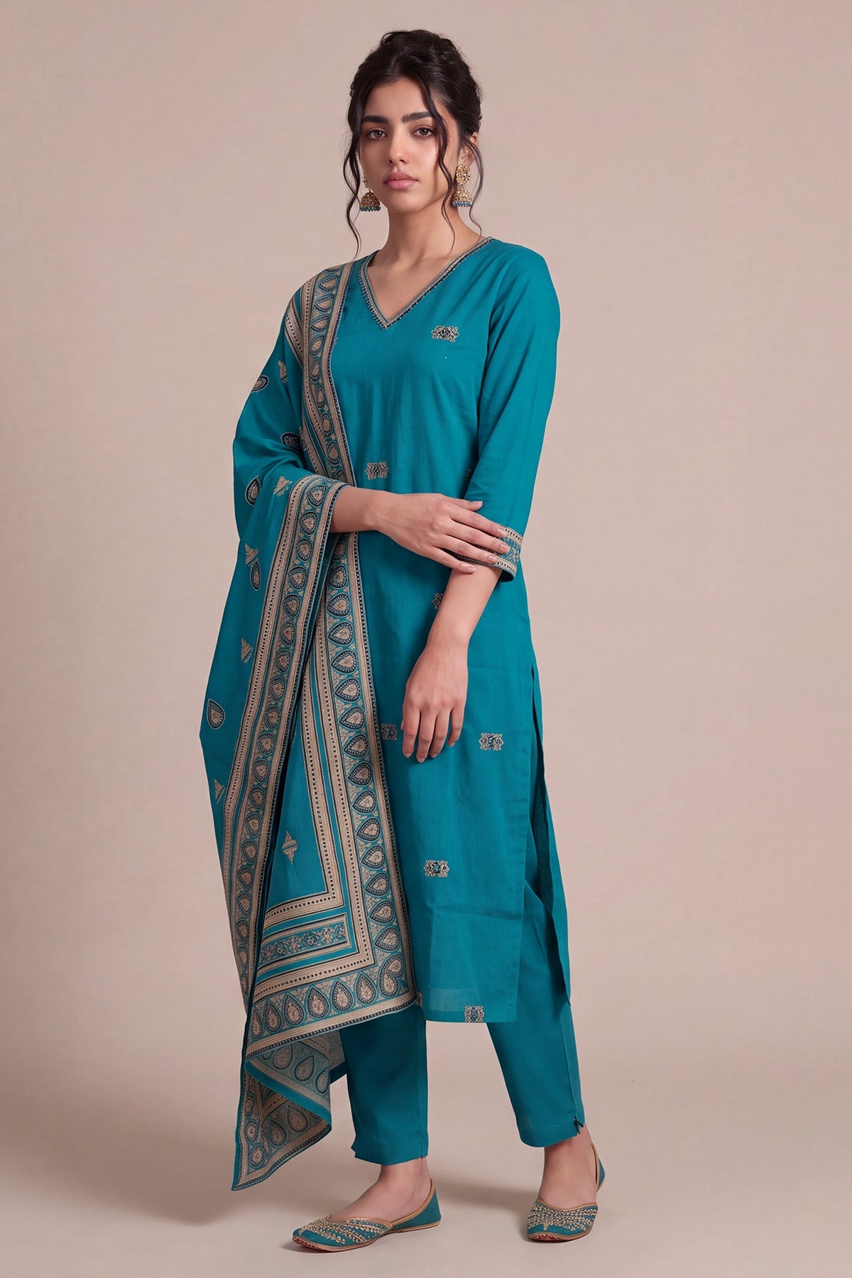 Teal Printed Kurta 3 Pcs Set