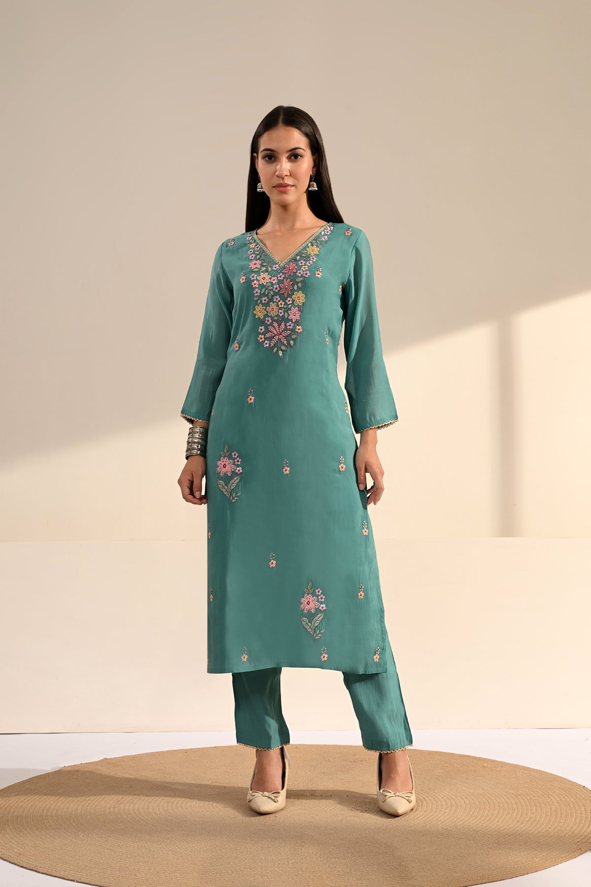 Blue Embroidered Kurta 3 Pcs Set