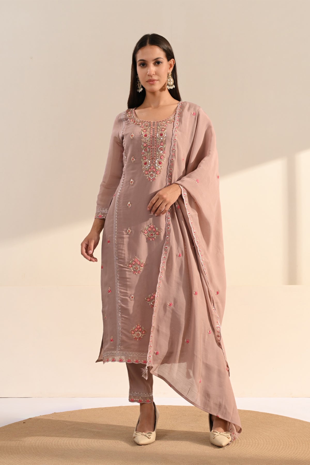 Blush Pink Thread Sequin Embroidered Kurta 3 Pcs Set