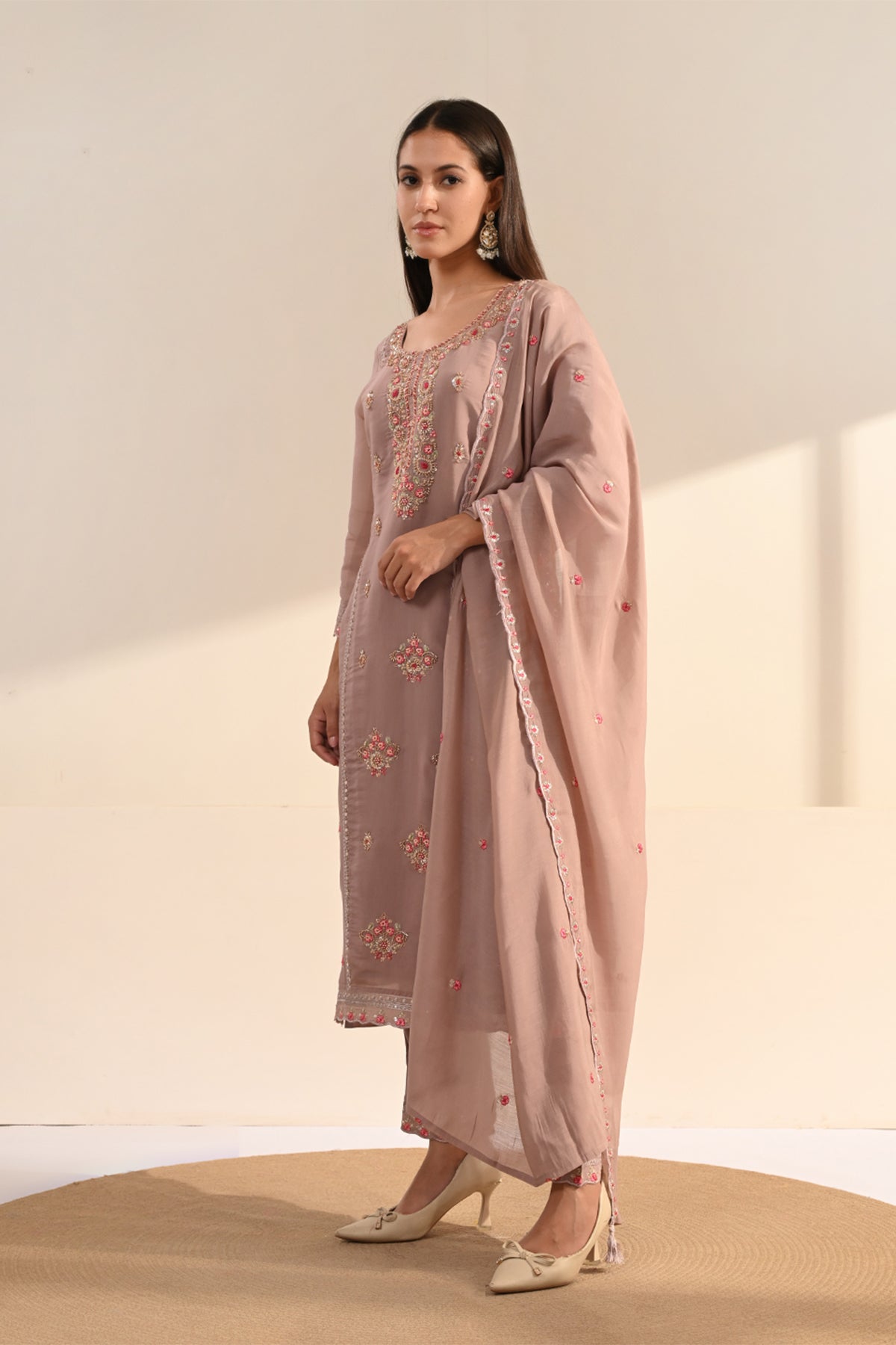 Blush Pink Thread Sequin Embroidered Kurta 3 Pcs Set