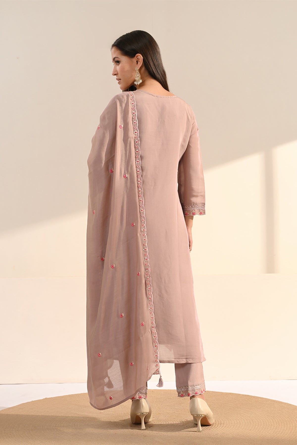 Blush Pink Thread Sequin Embroidered Kurta 3 Pcs Set