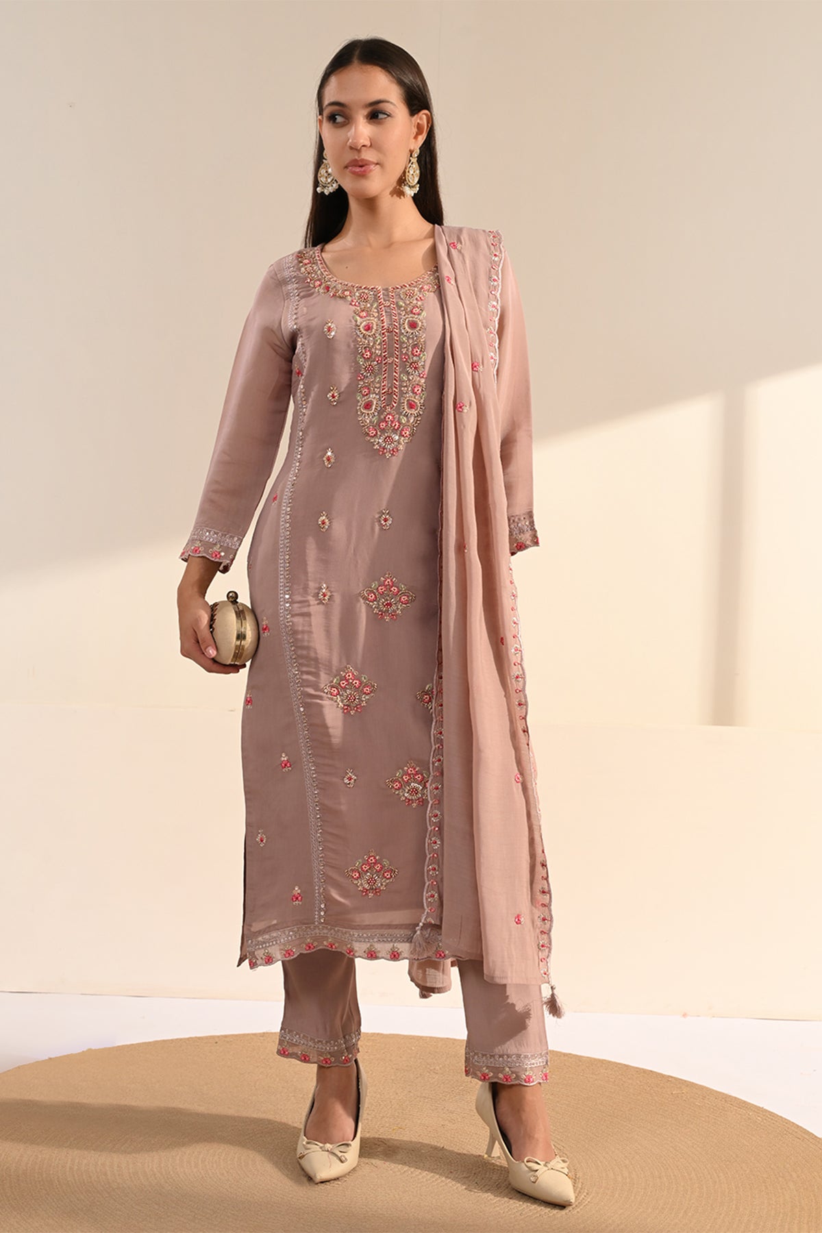 Blush Pink Thread Sequin Embroidered Kurta 3 Pcs Set
