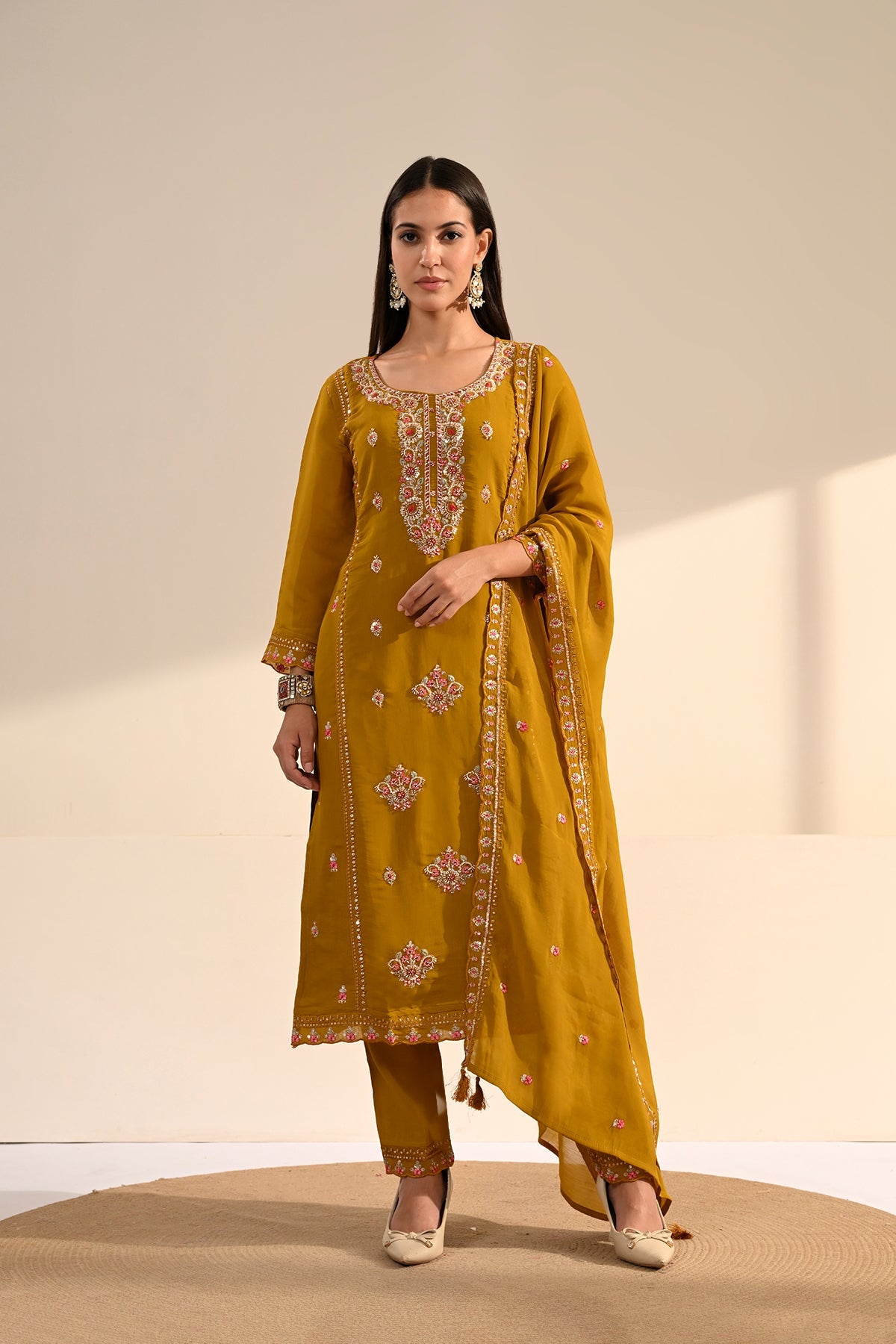 Mustard Thread Sequin Embroidered Kurta 3 Pcs Set