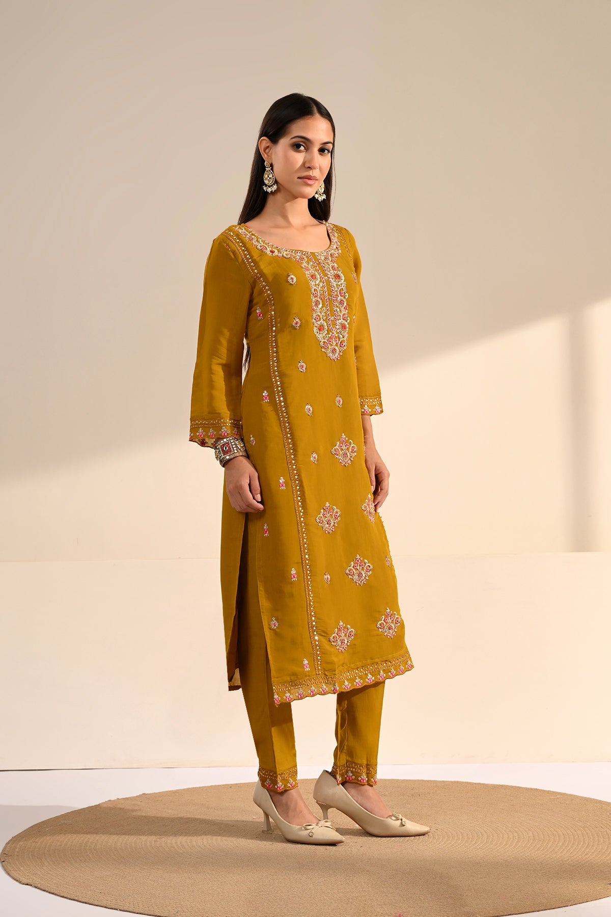 Mustard Thread Sequin Embroidered Kurta 3 Pcs Set