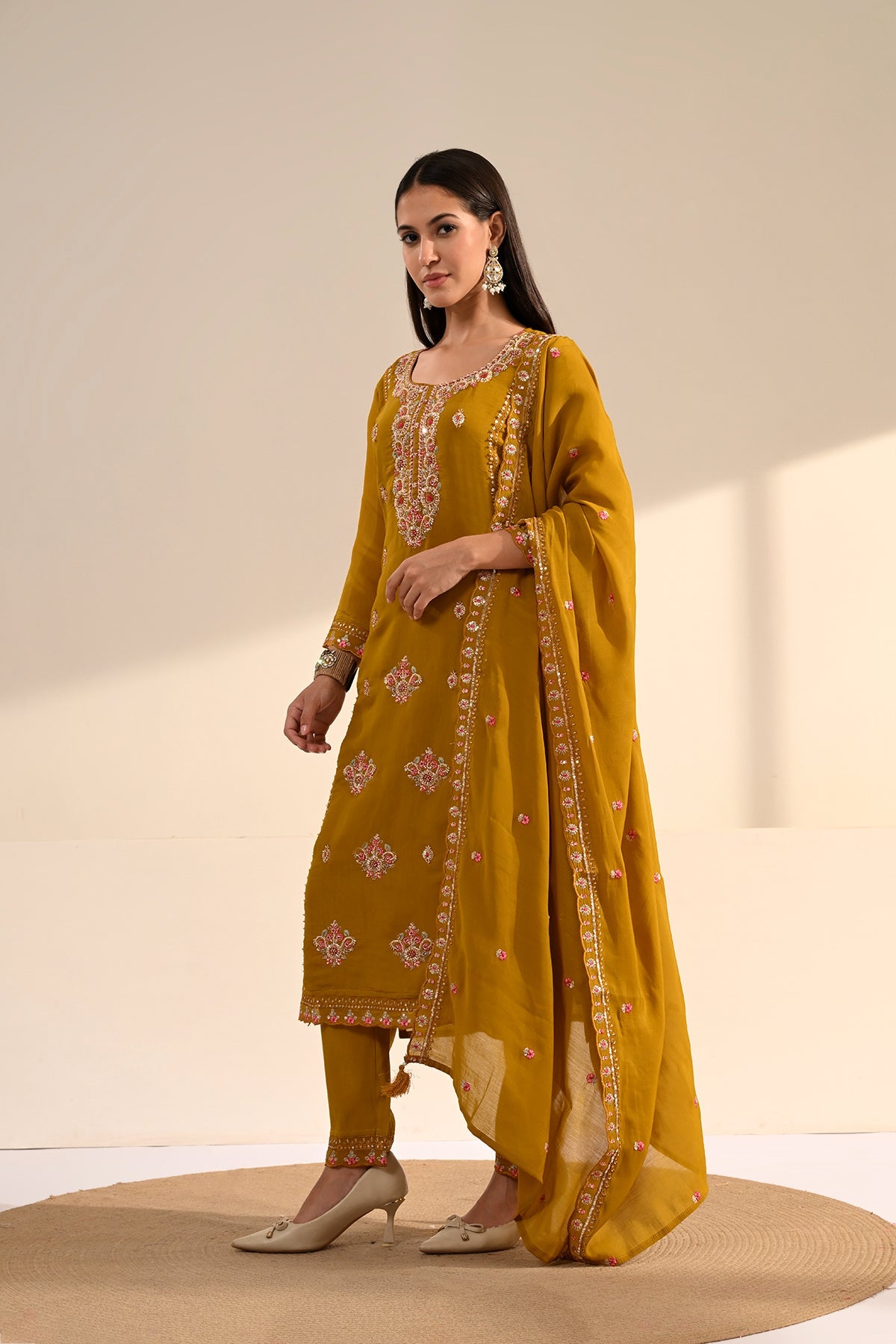 Mustard Thread Sequin Embroidered Kurta 3 Pcs Set
