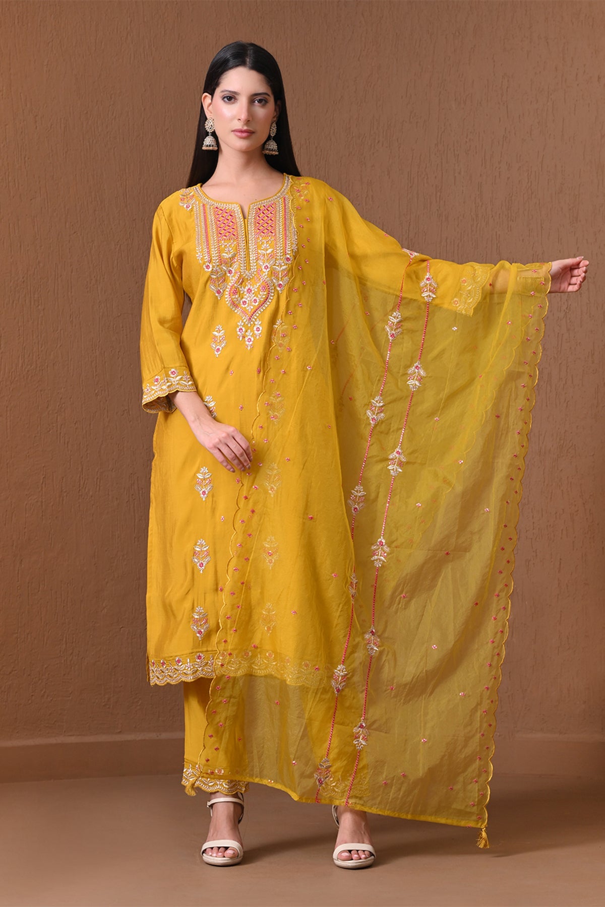 Yellow Embroidered Roman Silk Kurta 3 Pcs Set