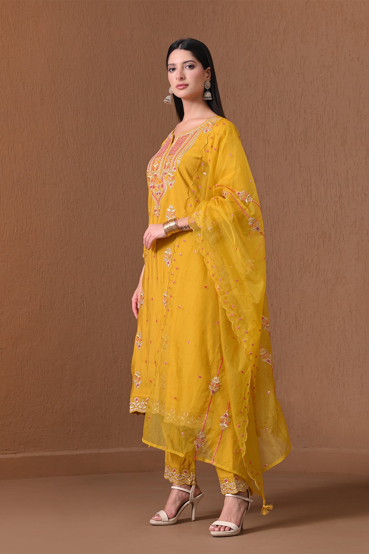 Yellow Embroidered Roman Silk Kurta 3 Pcs Set
