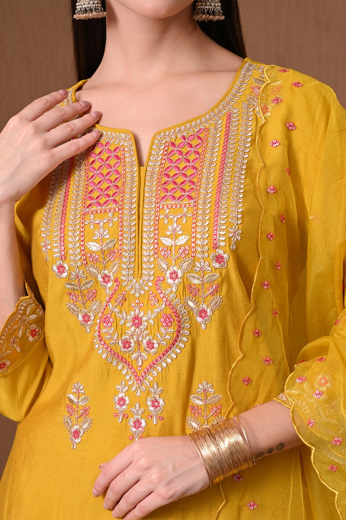 Yellow Embroidered Roman Silk Kurta 3 Pcs Set