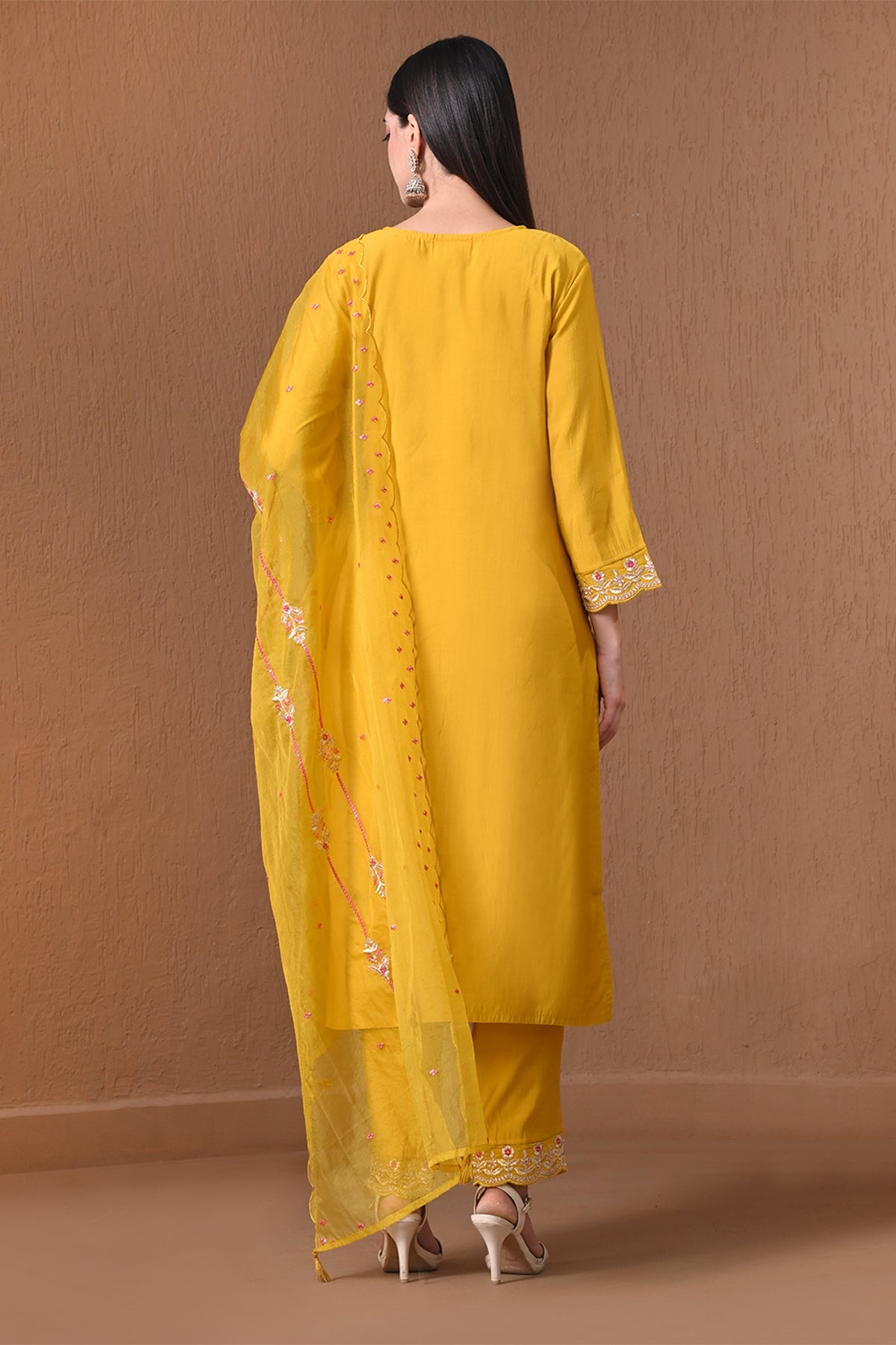 Yellow Embroidered Roman Silk Kurta 3 Pcs Set