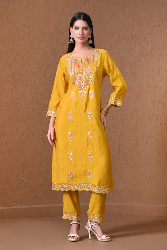 Yellow Embroidered Roman Silk Kurta 3 Pcs Set