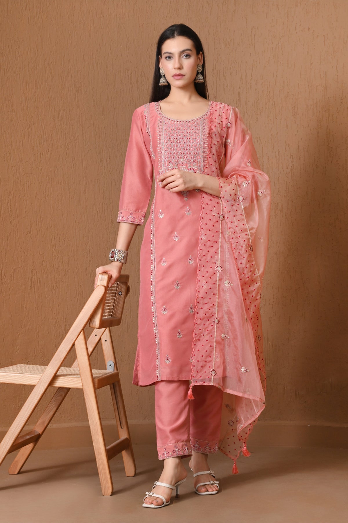 Peach Embroidered Kurta 3 Pcs Set