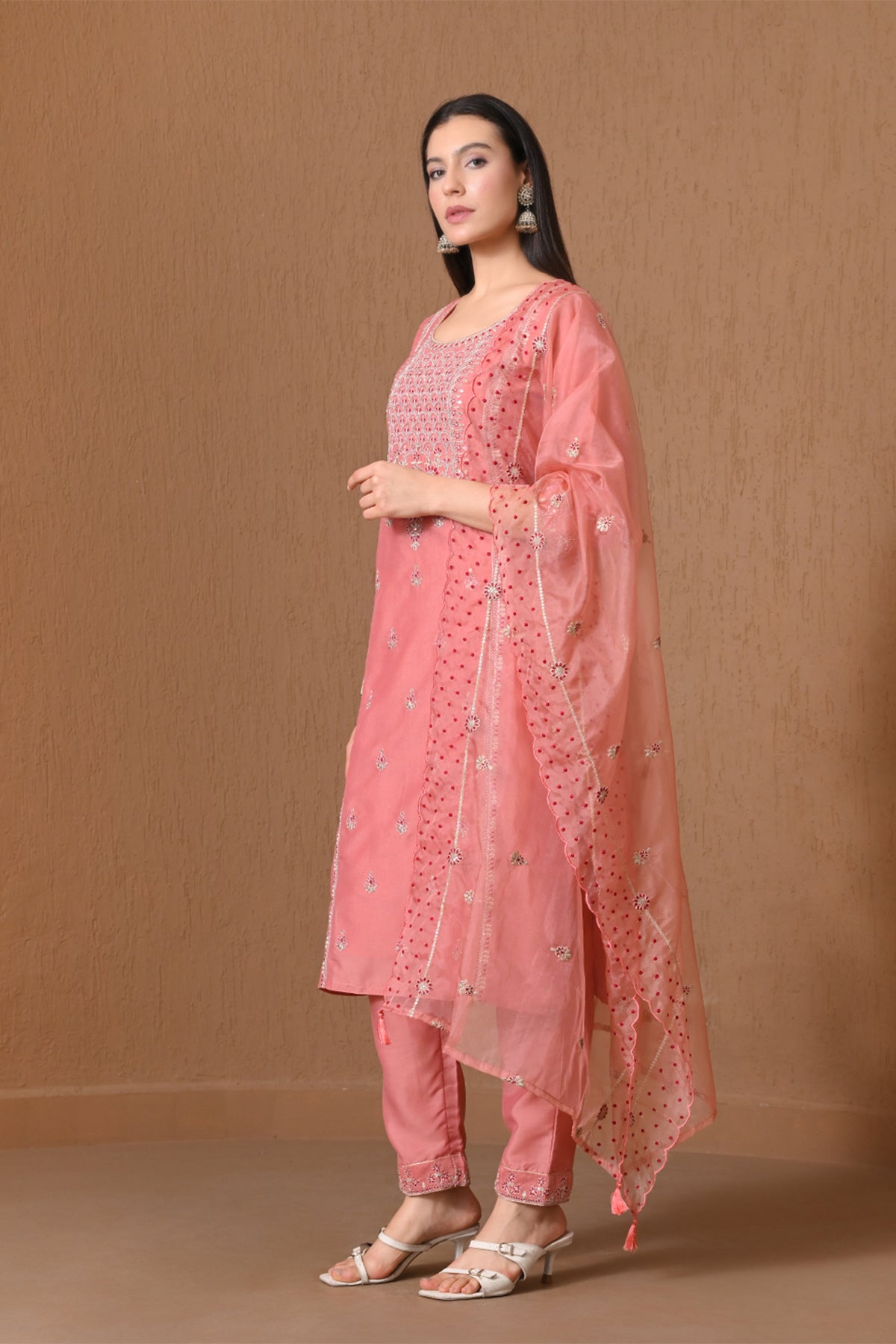 Peach Embroidered Kurta 3 Pcs Set