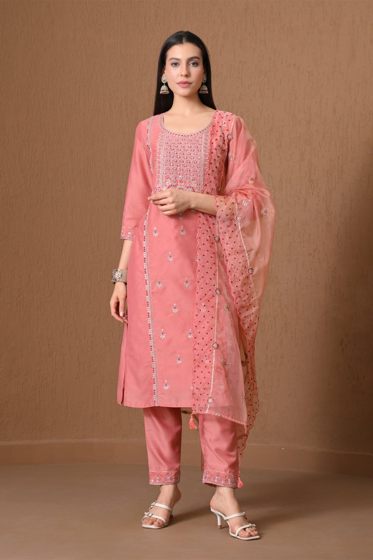 Peach Embroidered Kurta 3 Pcs Set