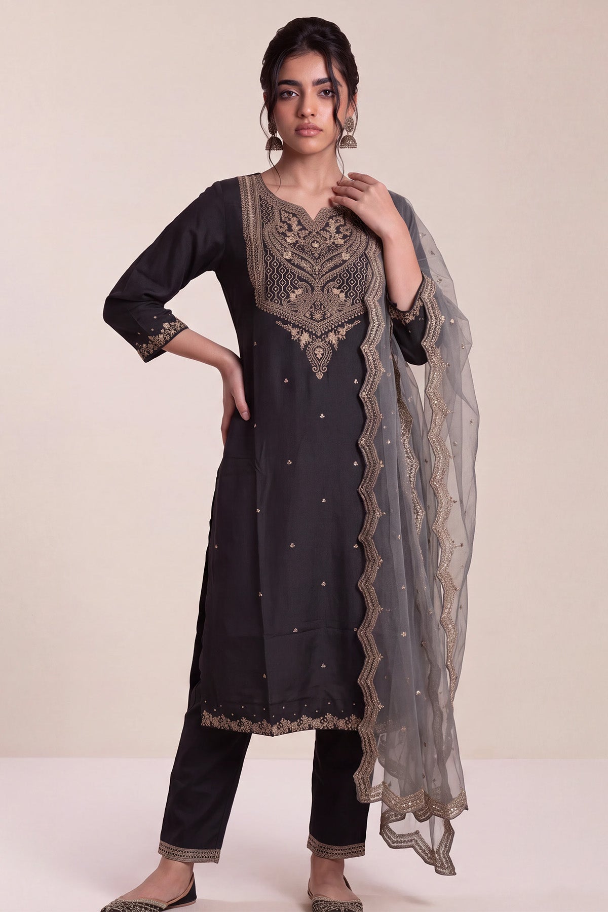 Charcoal Black and Metallic Zari Embroidered Kurta 3 Pcs Set