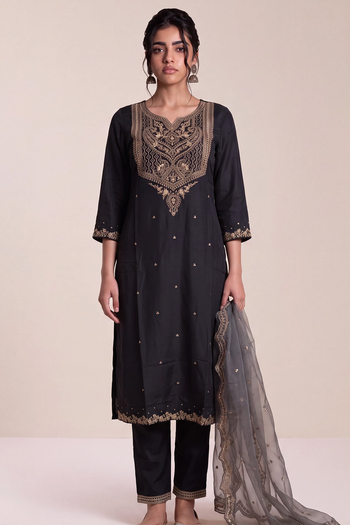 Charcoal Black and Metallic Zari Embroidered Kurta 3 Pcs Set