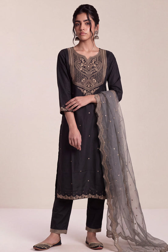 Charcoal Black and Metallic Zari Embroidered Kurta 3 Pcs Set