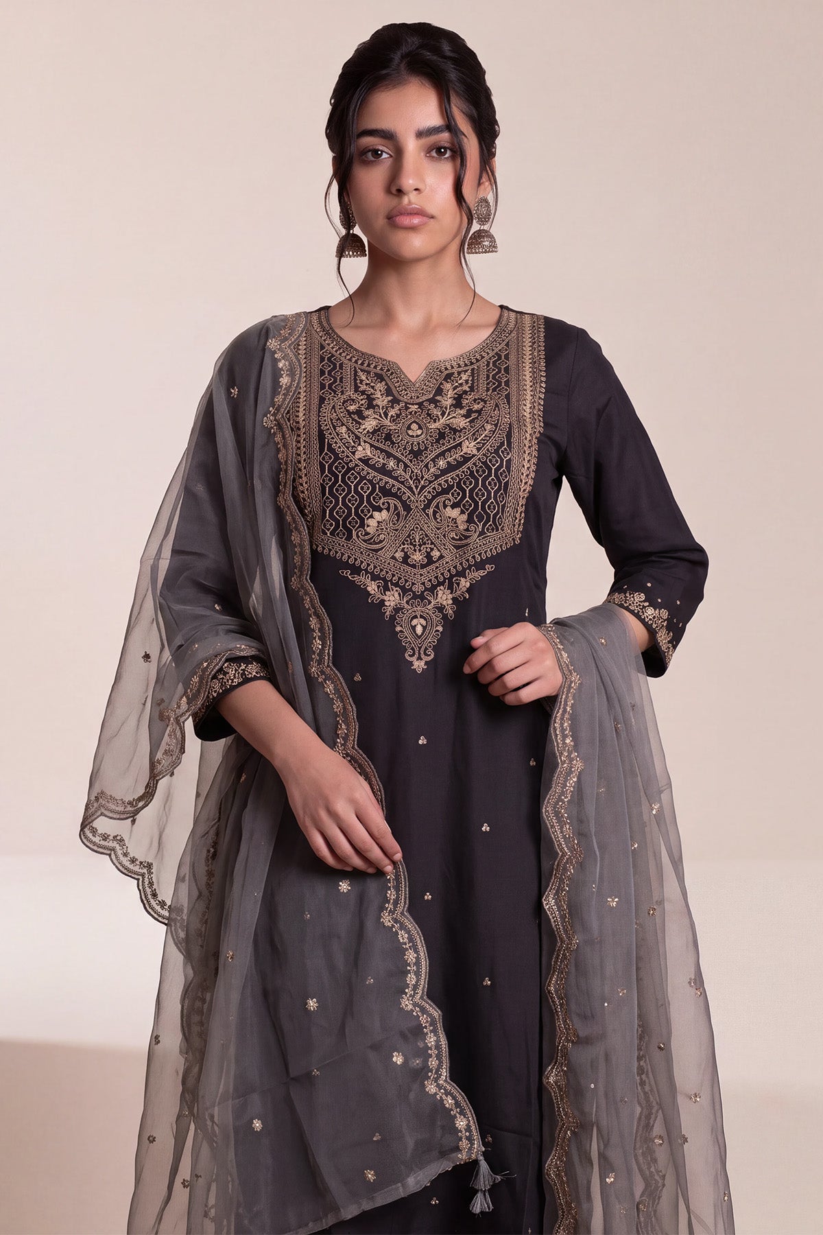 Charcoal Black and Metallic Zari Embroidered Kurta 3 Pcs Set