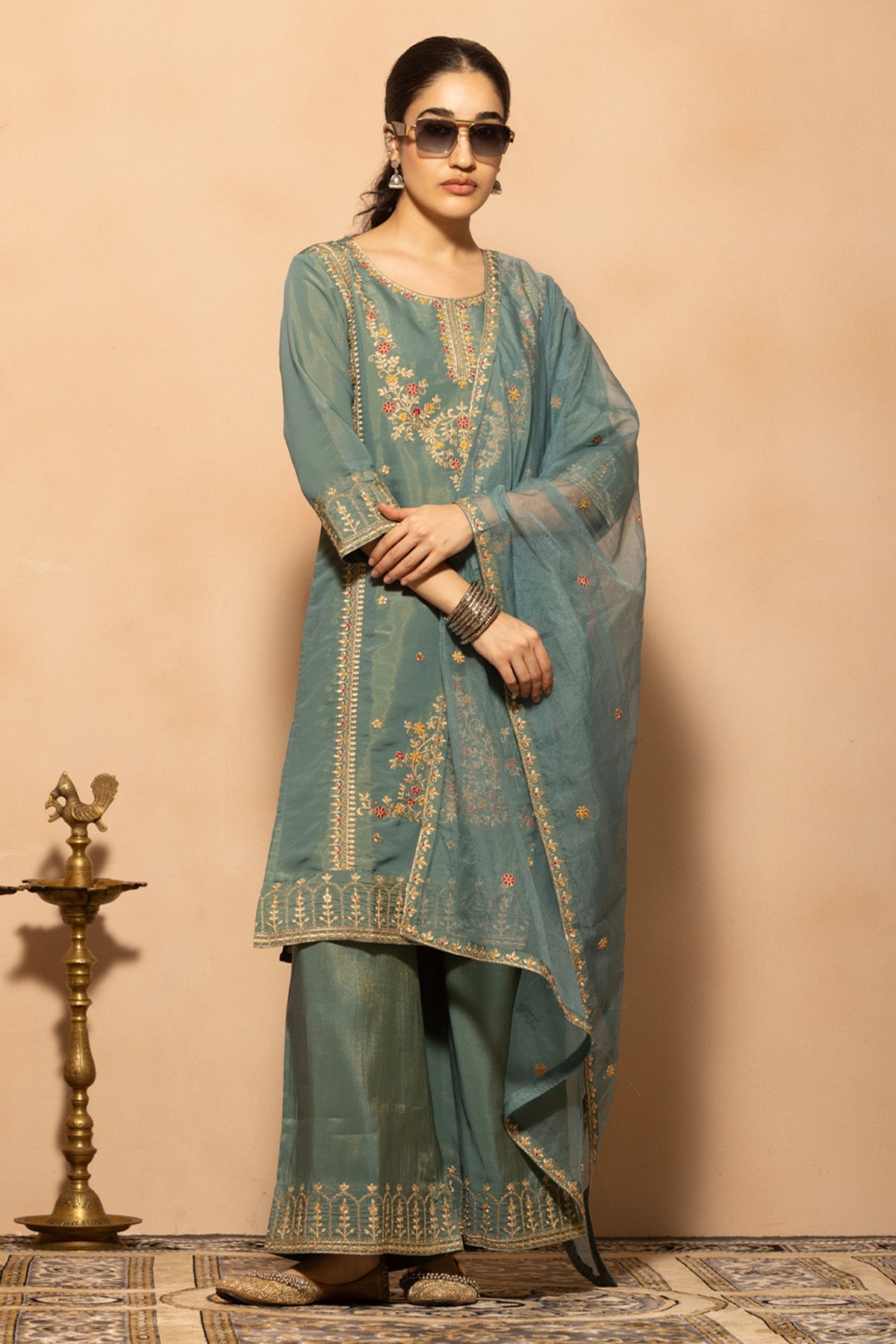 Teal Embroidered Kurta 3 Pcs Set