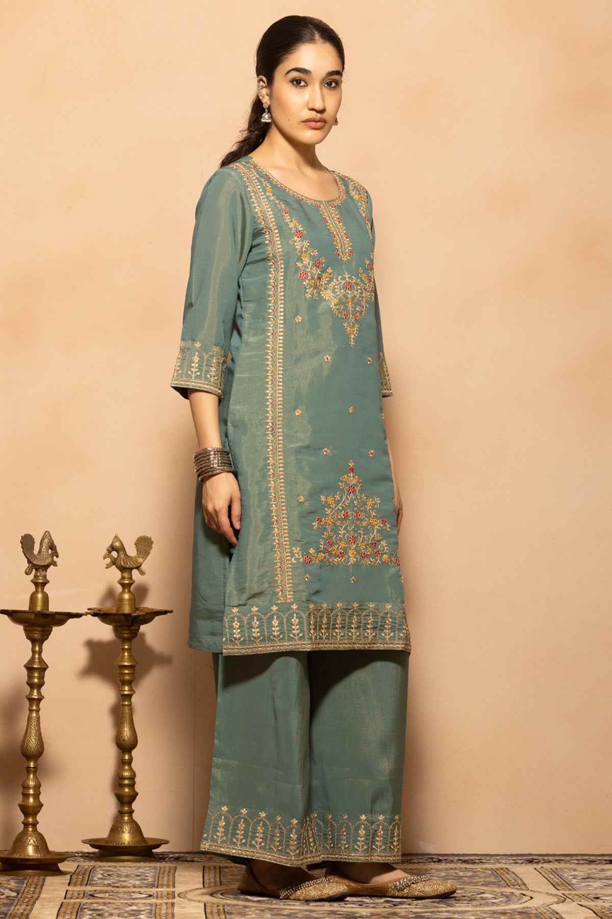 Teal Embroidered Kurta 3 Pcs Set