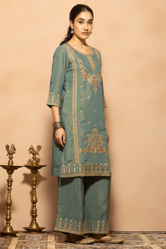 Teal Embroidered Kurta 3 Pcs Set