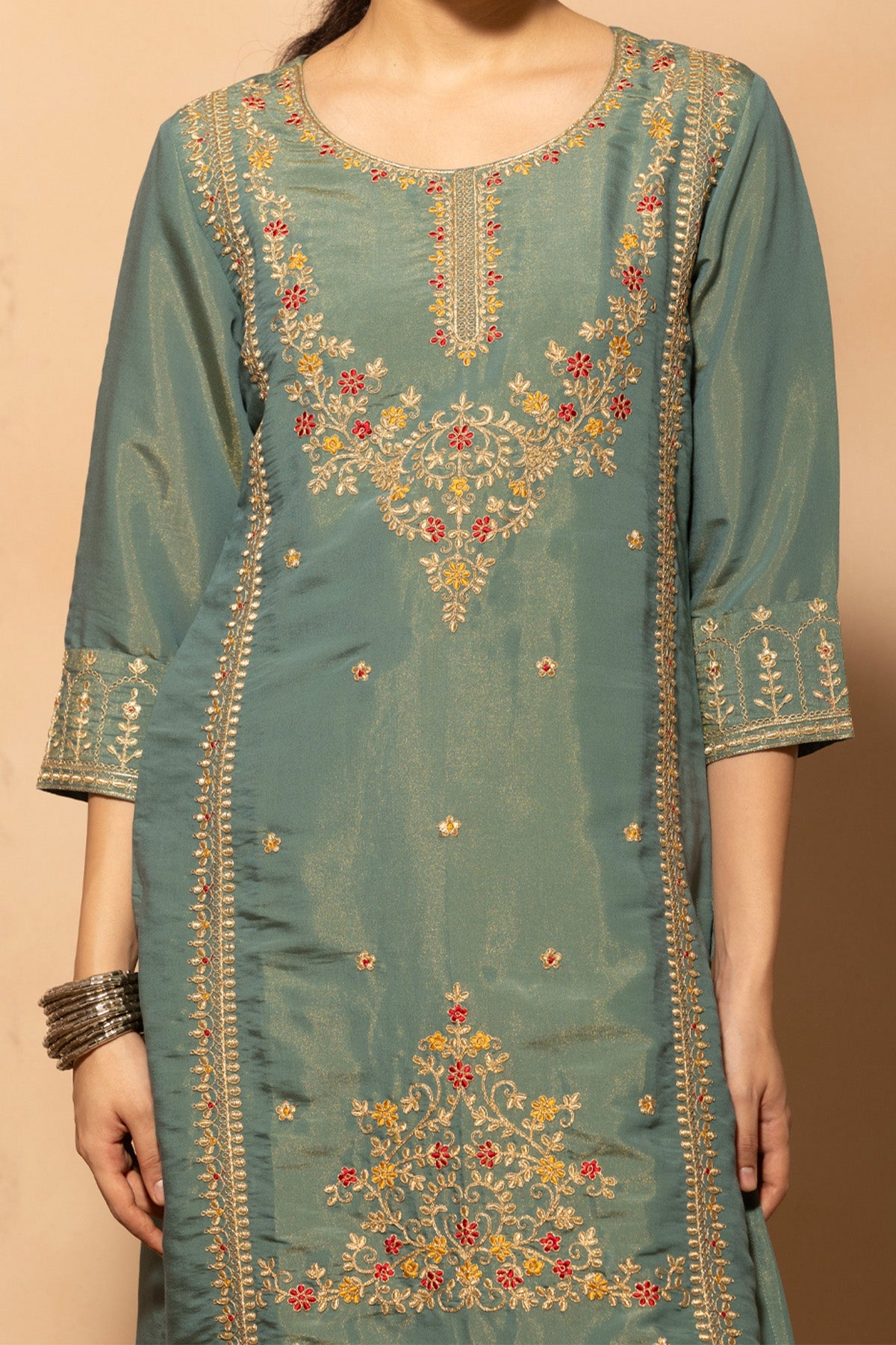 Teal Embroidered Kurta 3 Pcs Set