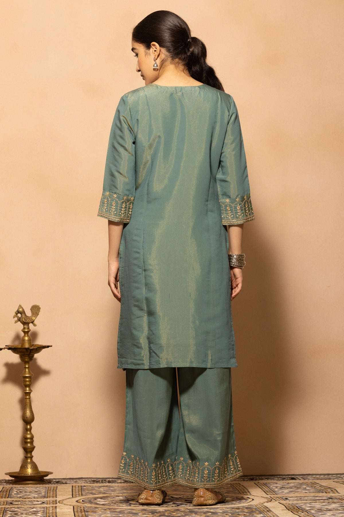 Teal Embroidered Kurta 3 Pcs Set
