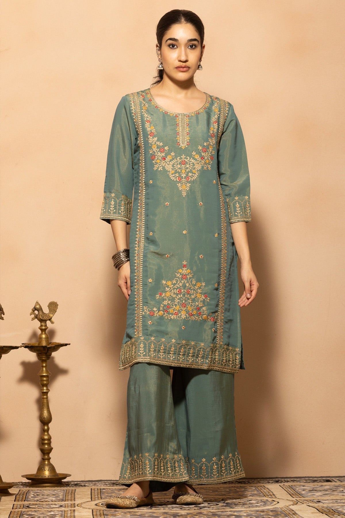 Teal Embroidered Kurta 3 Pcs Set
