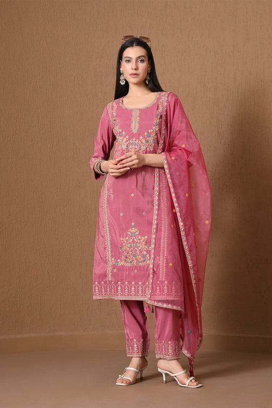 Pink Floral Embroidered Kurta 3 Pcs Set
