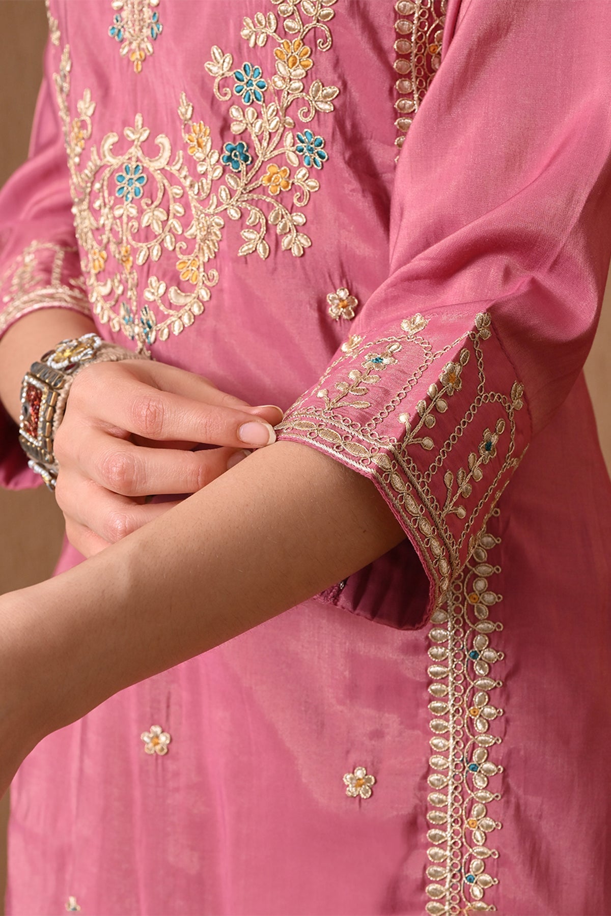 Pink Floral Embroidered Kurta 3 Pcs Set