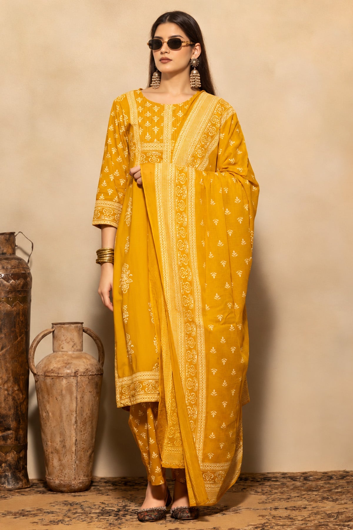 Mustard Floral Printed Kurta 3 Pcs Set