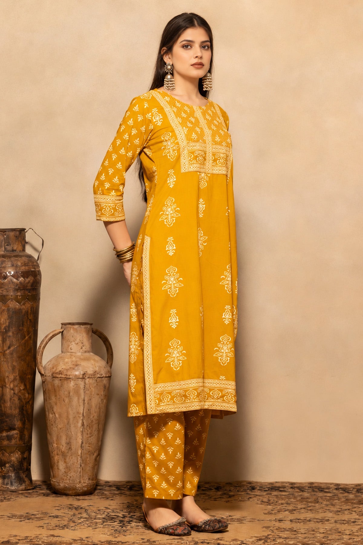Mustard Floral Printed Kurta 3 Pcs Set