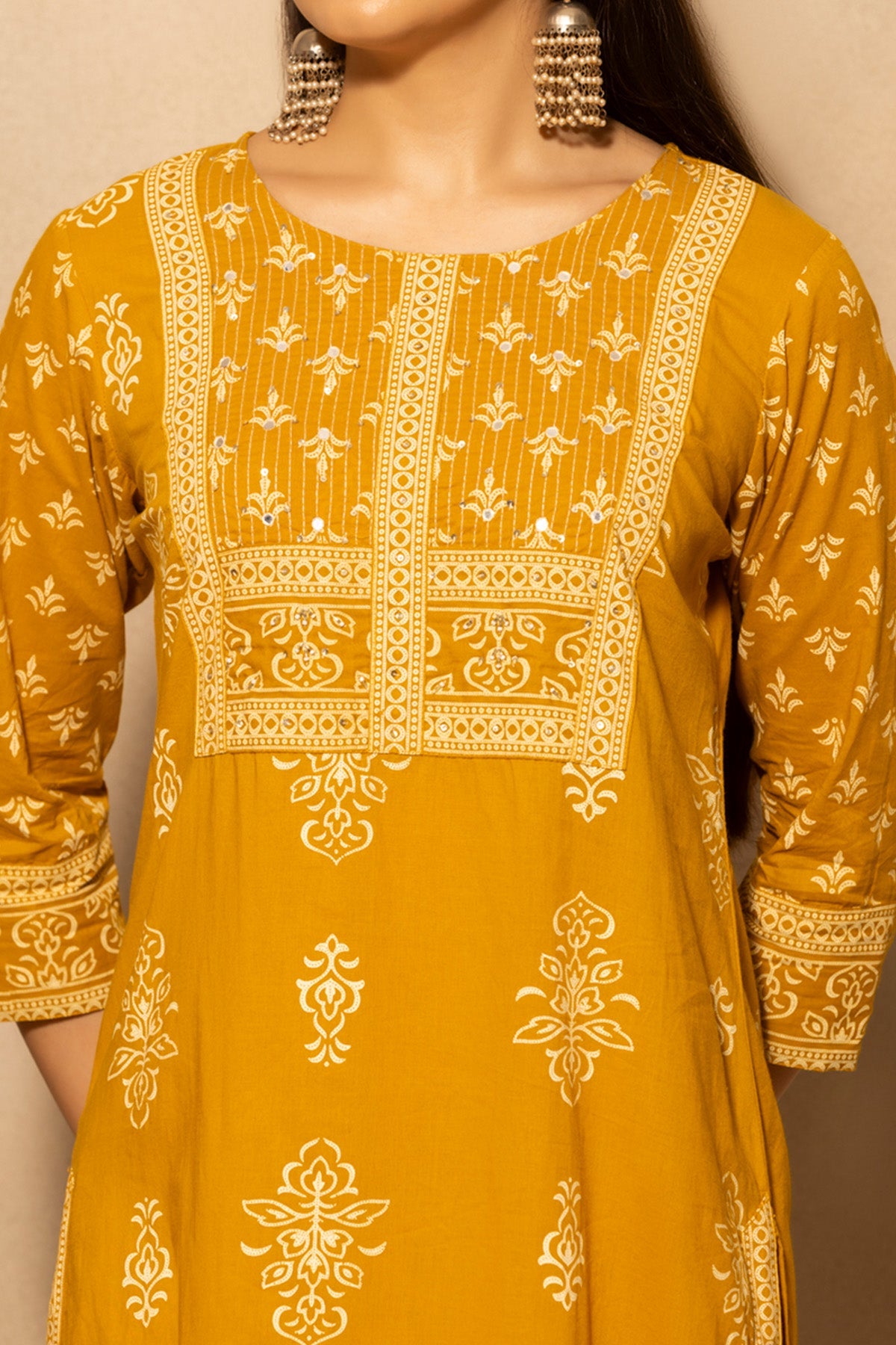 Mustard Floral Printed Kurta 3 Pcs Set