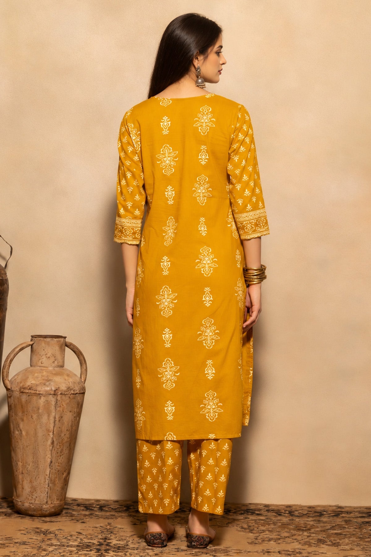 Mustard Floral Printed Kurta 3 Pcs Set