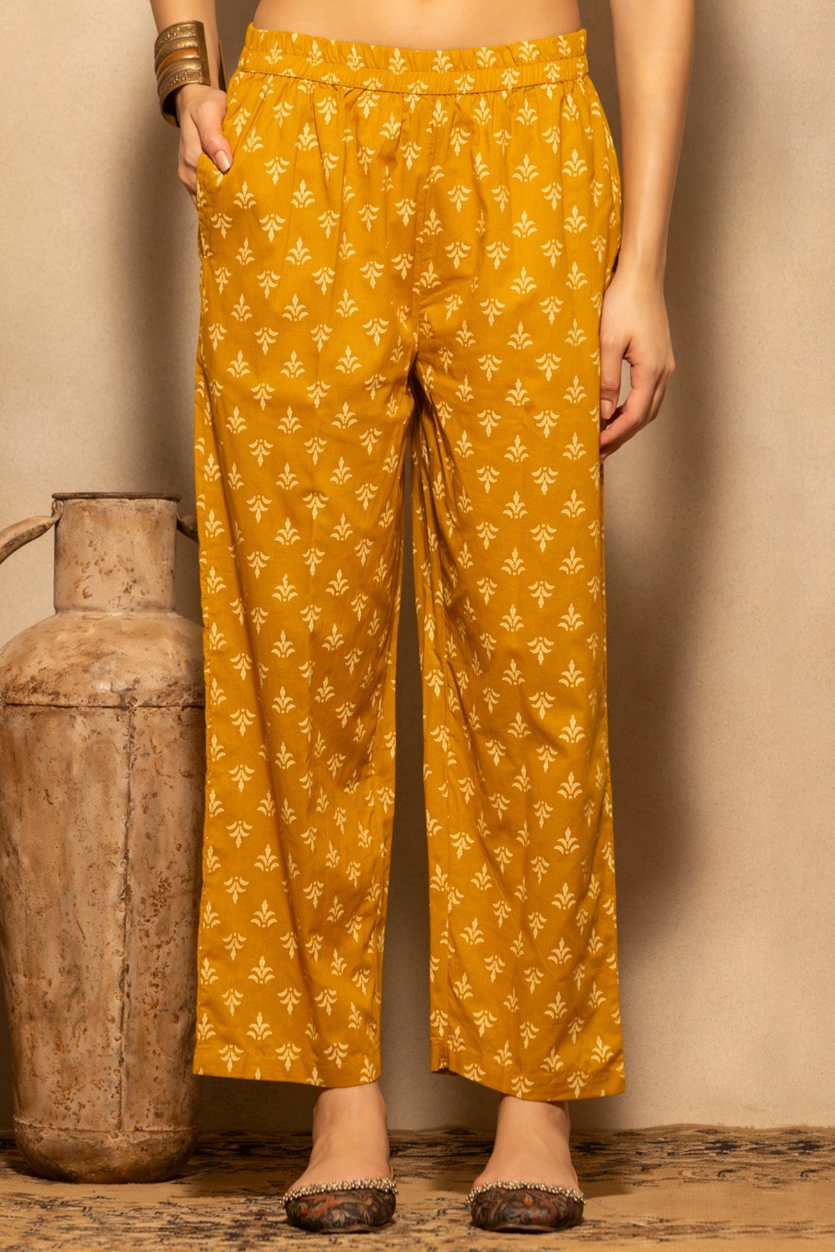 Mustard Floral Printed Kurta 3 Pcs Set