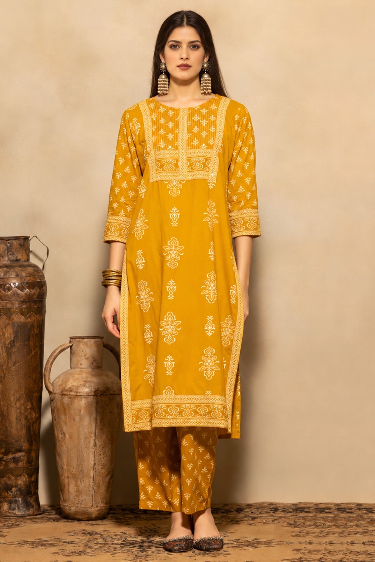 Mustard Floral Printed Kurta 3 Pcs Set