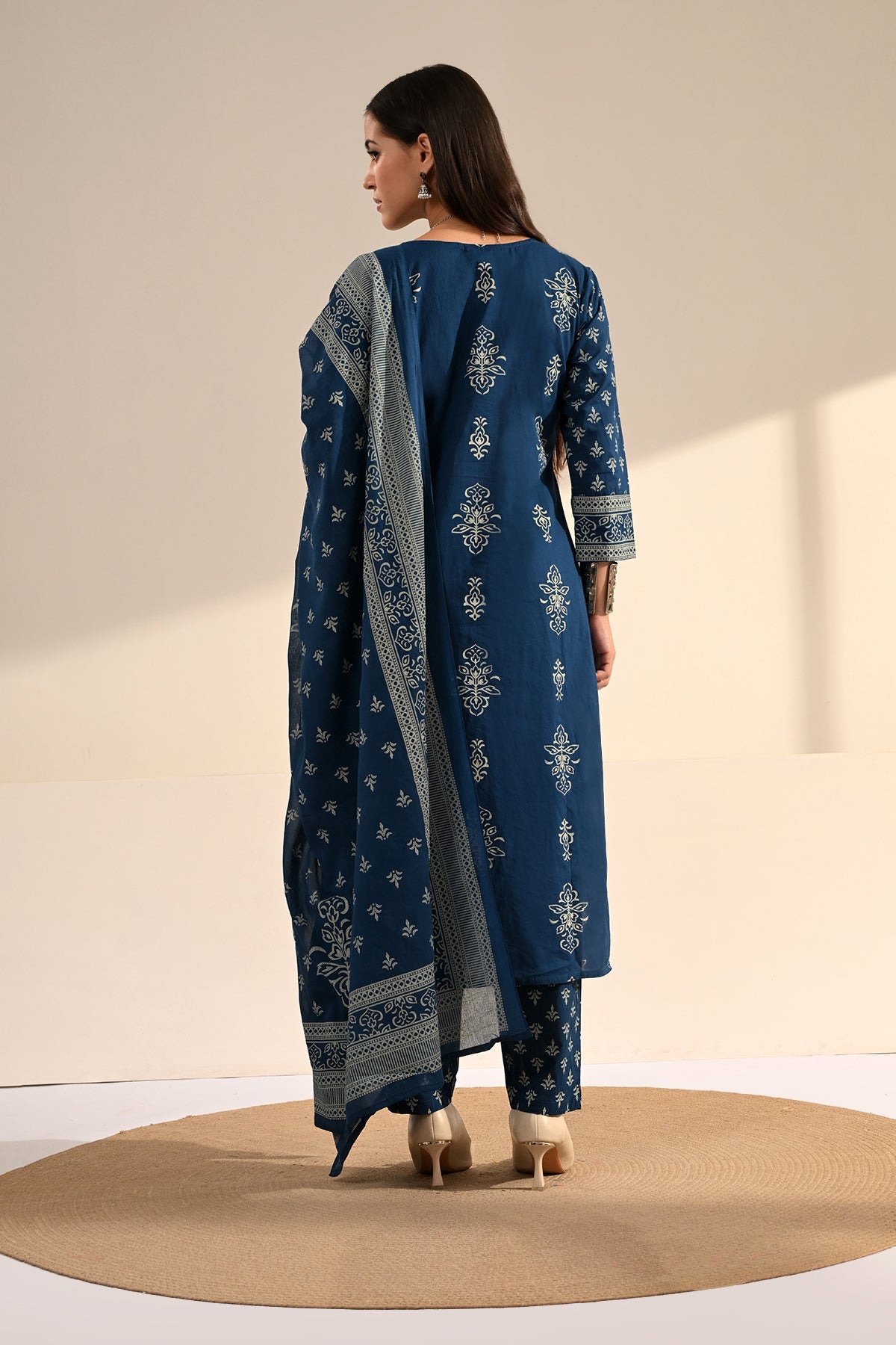 Navy Blue Block-Printed Kurta 3 Pcs Set