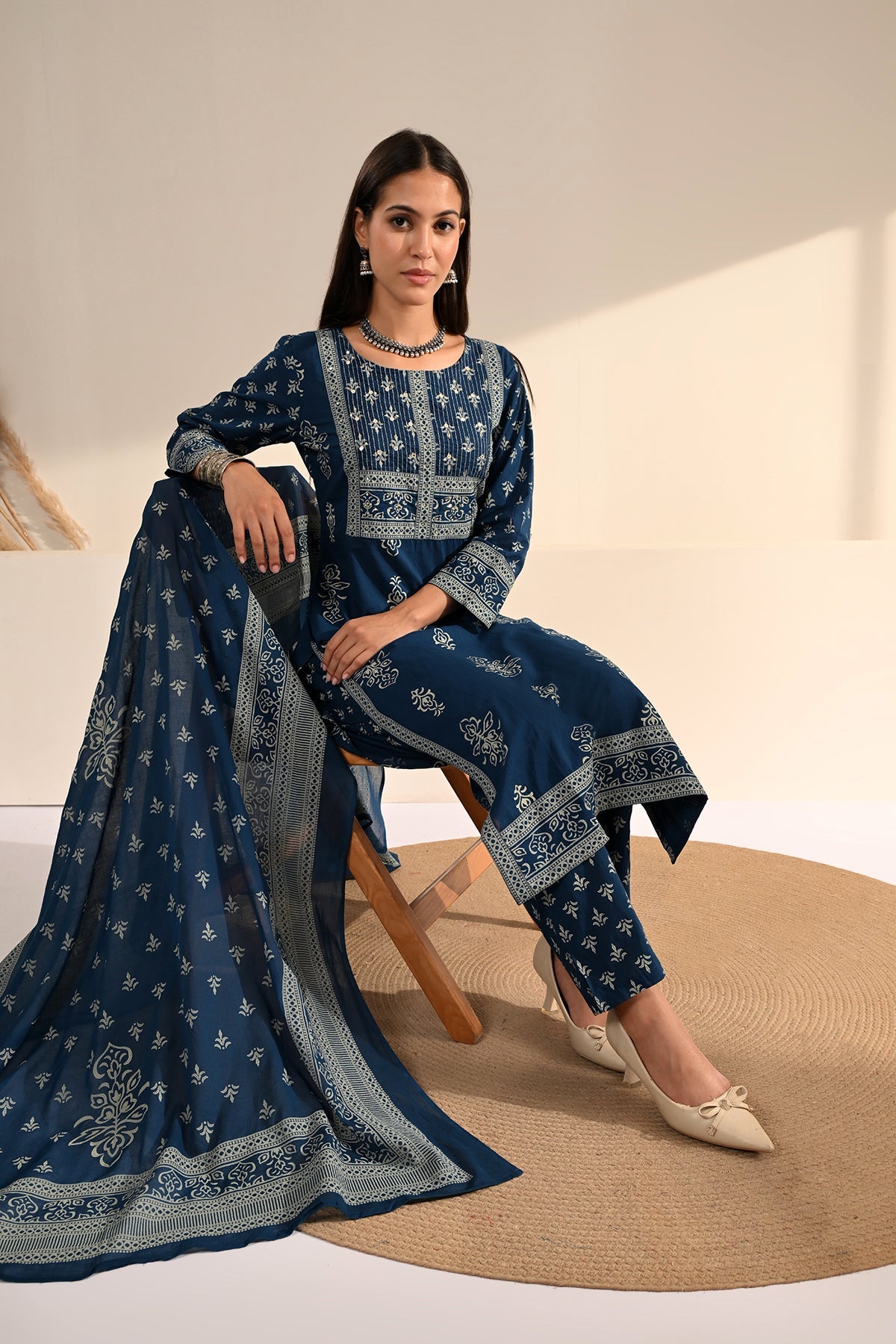 Navy Blue Block-Printed Kurta 3 Pcs Set