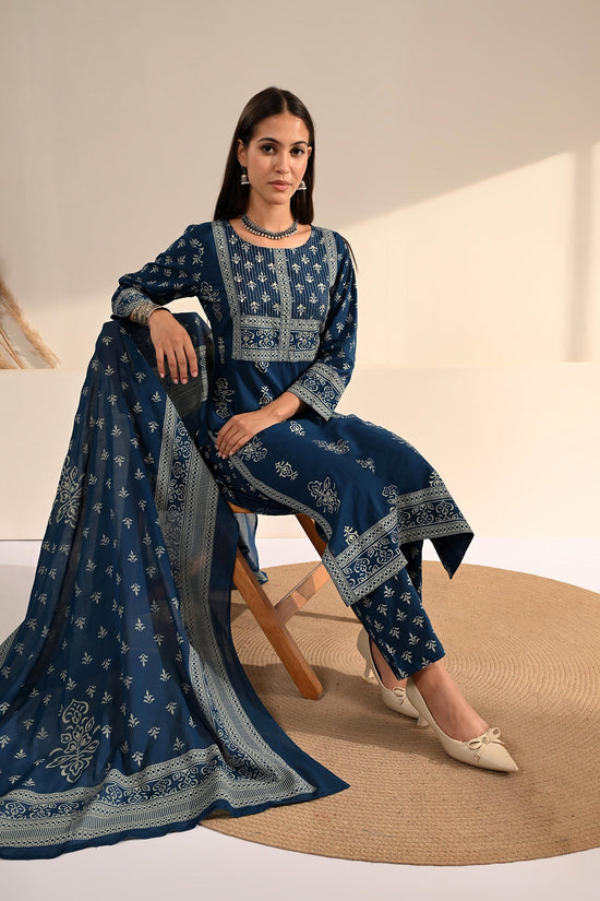 Navy Blue Block-Printed Kurta 3 Pcs Set