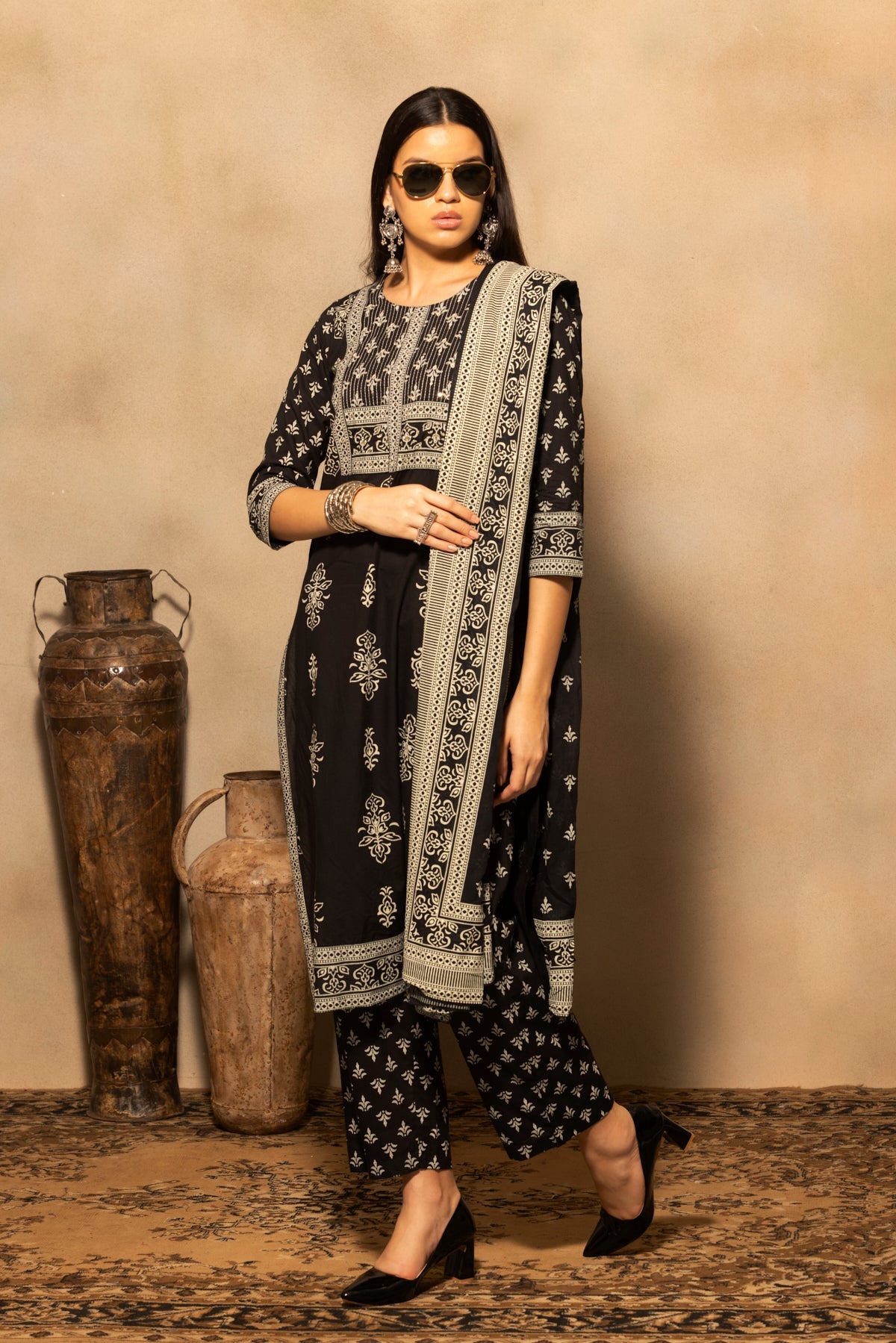 Black Floral Block Printed Kurta 3 Pcs Set