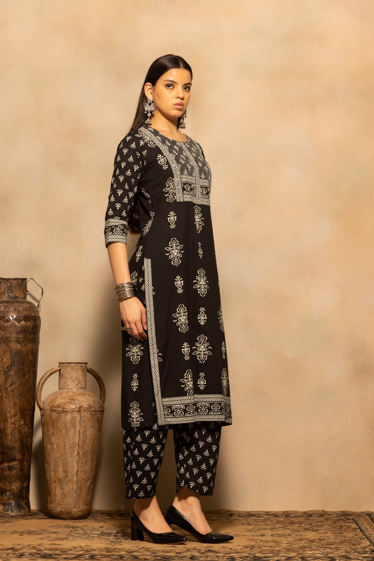 Black Floral Block Printed Kurta 3 Pcs Set