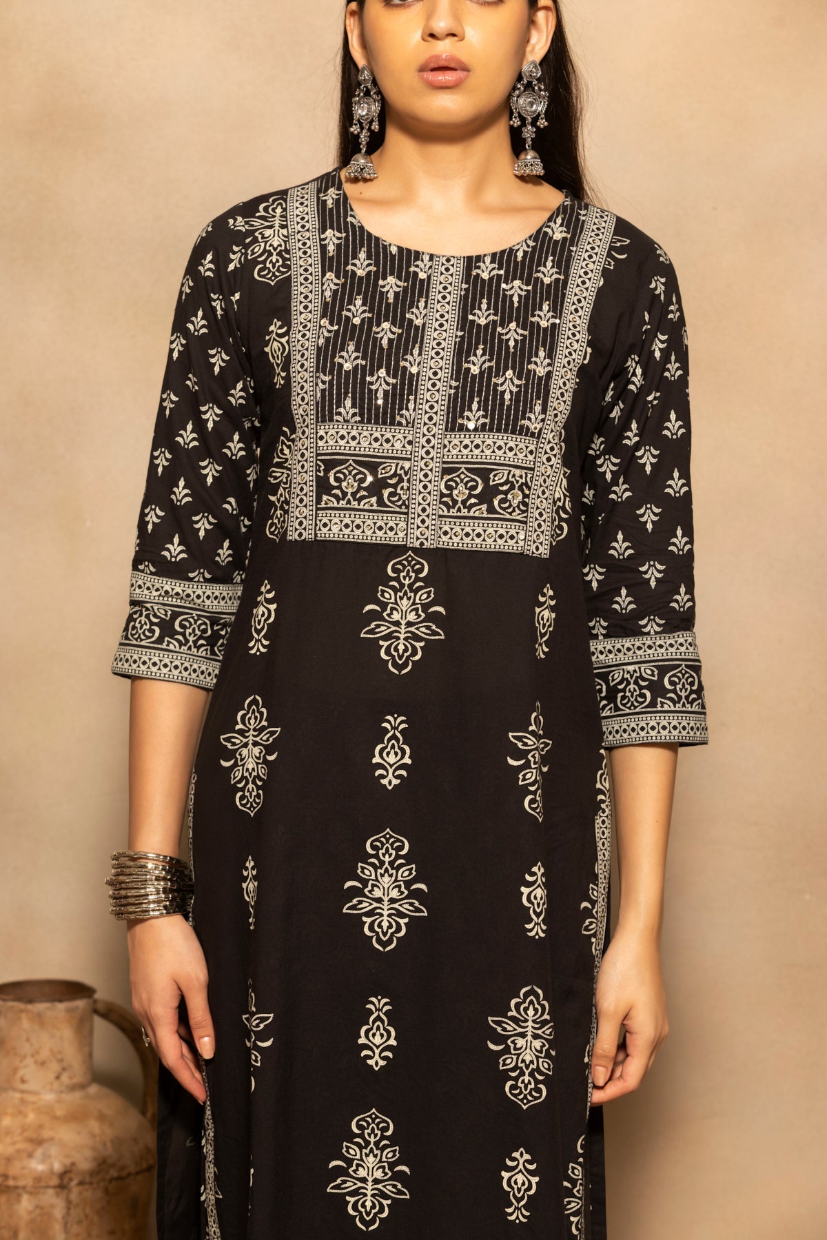 Black Floral Block Printed Kurta 3 Pcs Set