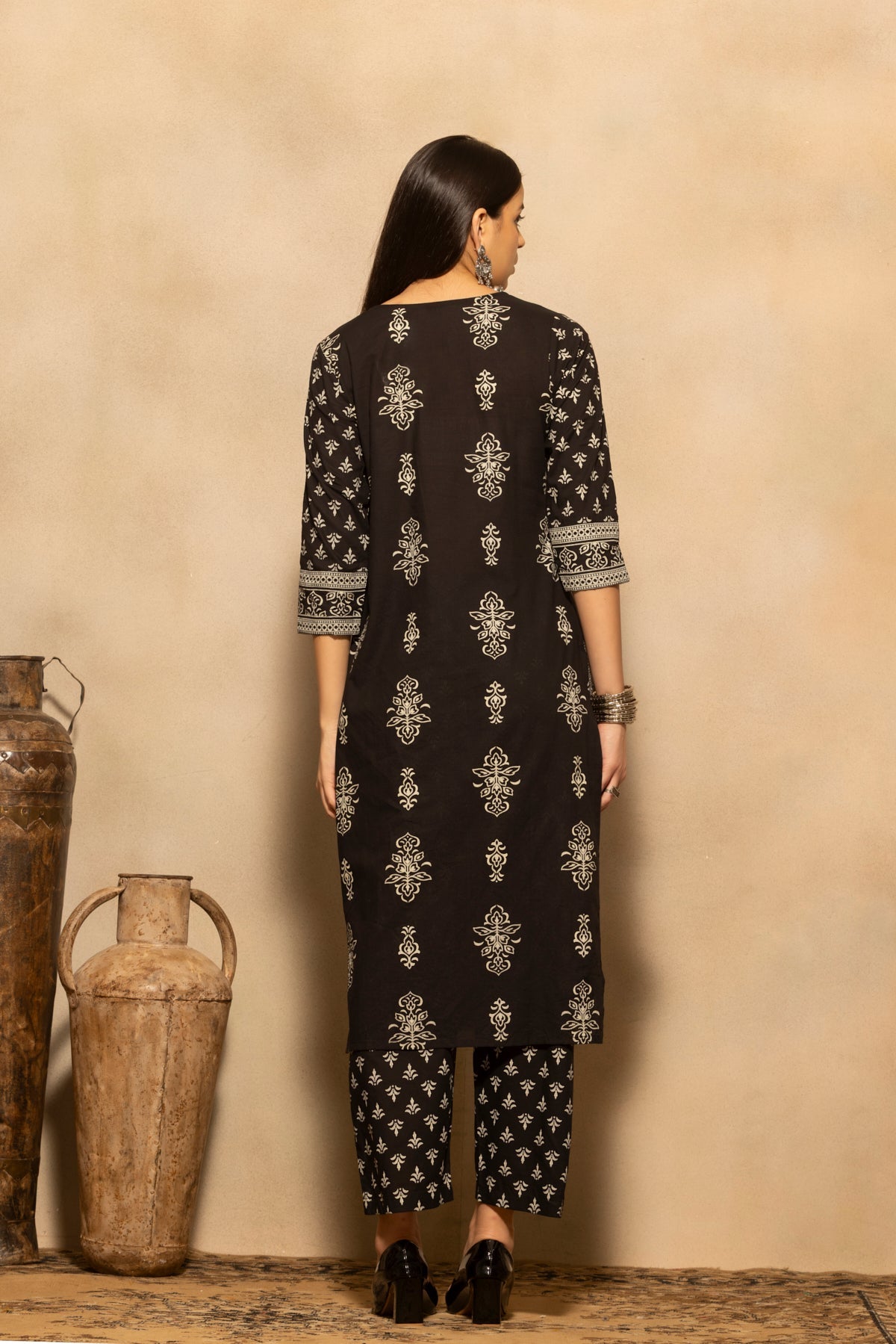 Black Floral Block Printed Kurta 3 Pcs Set