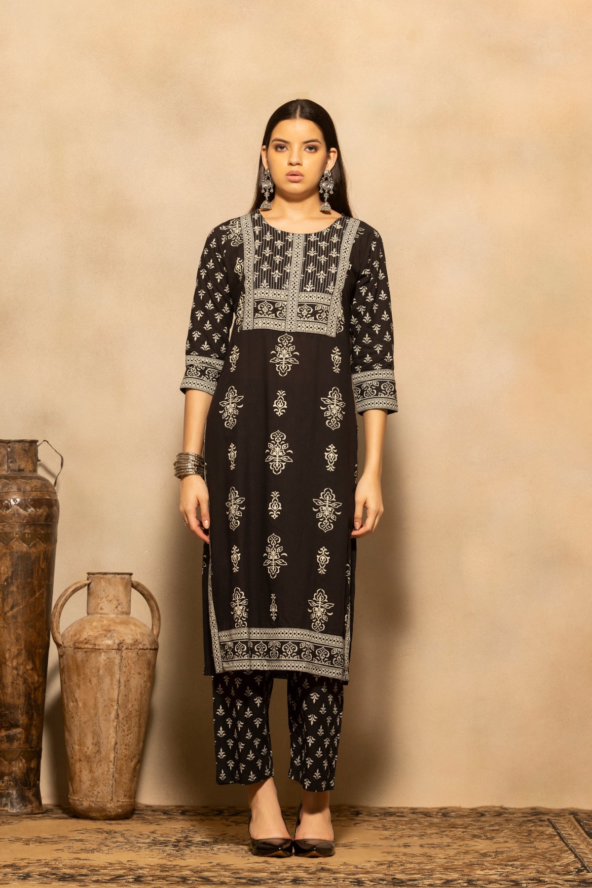 Black Floral Block Printed Kurta 3 Pcs Set