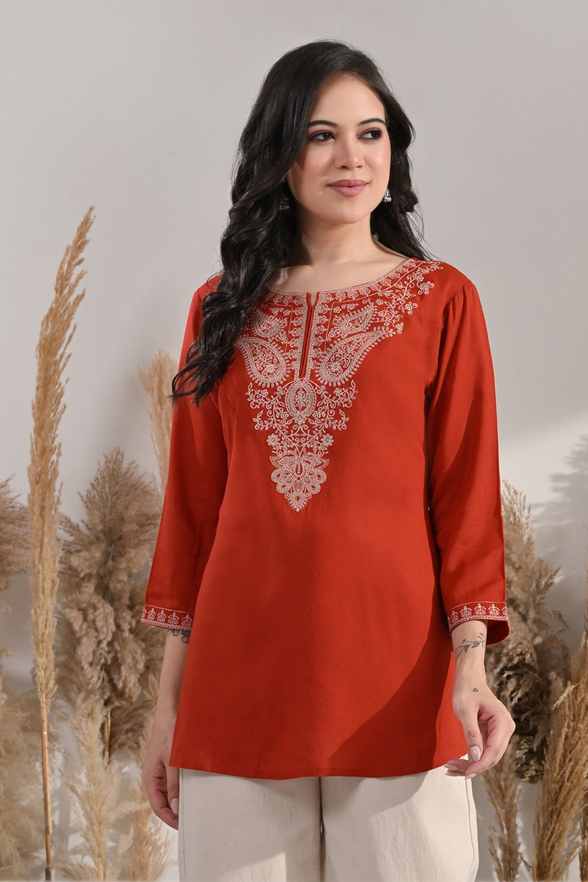 Rust Kashmiri Paisley Embroidered Top