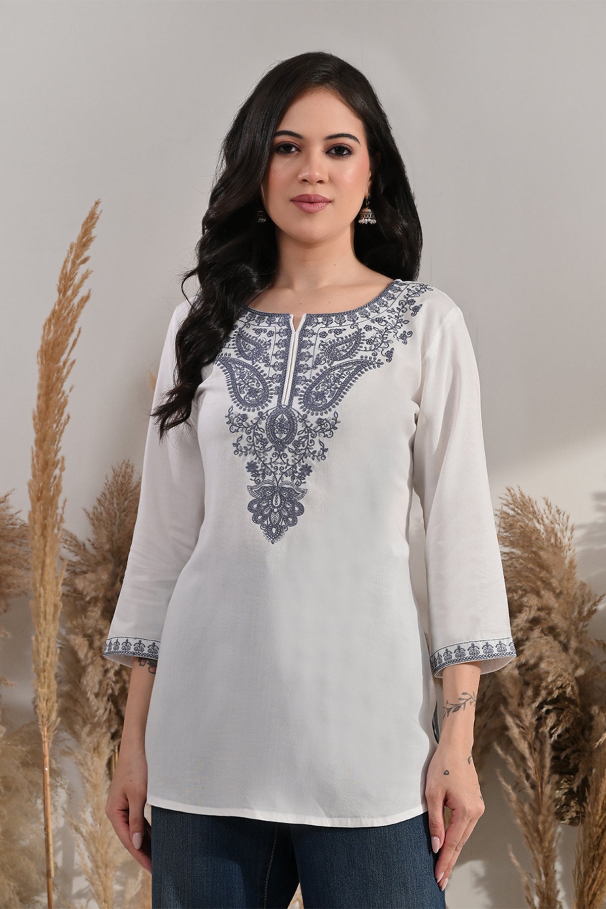 Cream Kashmiri Paisley Embroidered Top