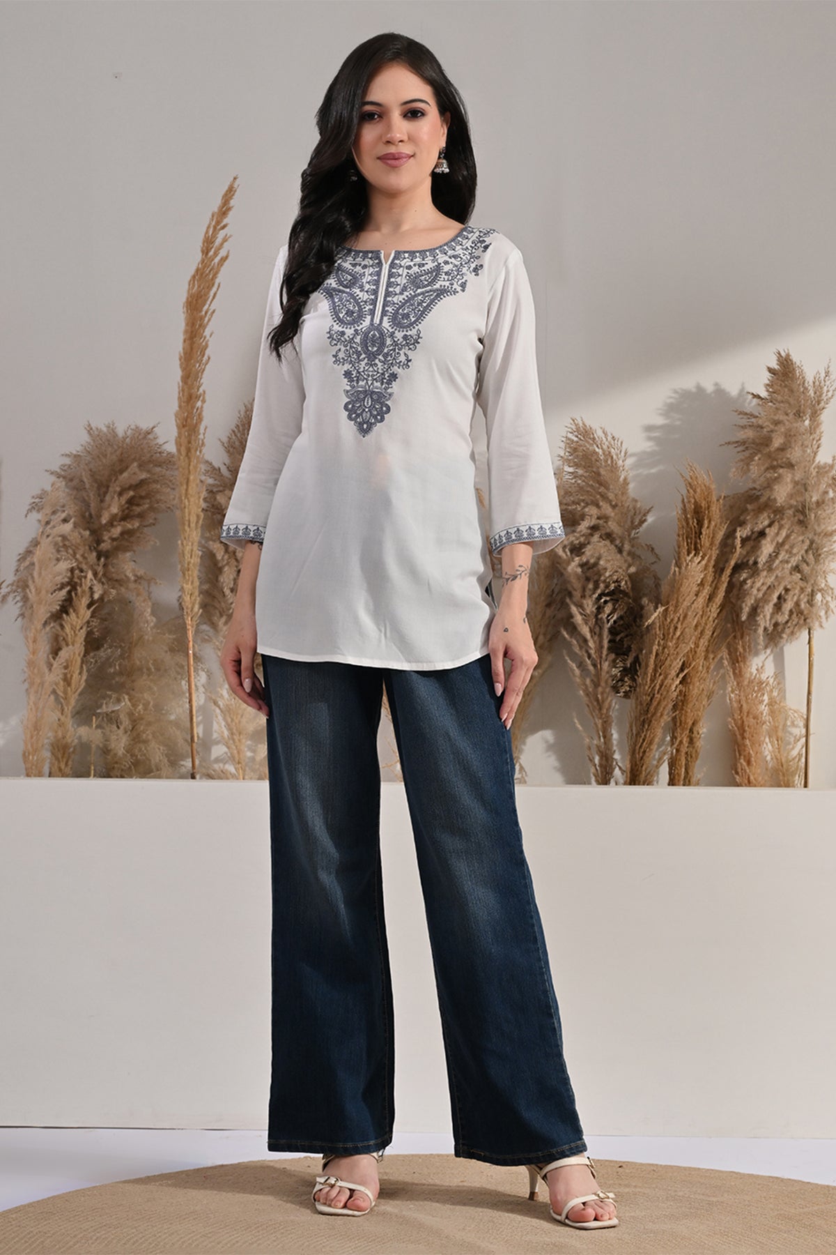 Cream Kashmiri Paisley Embroidered Top
