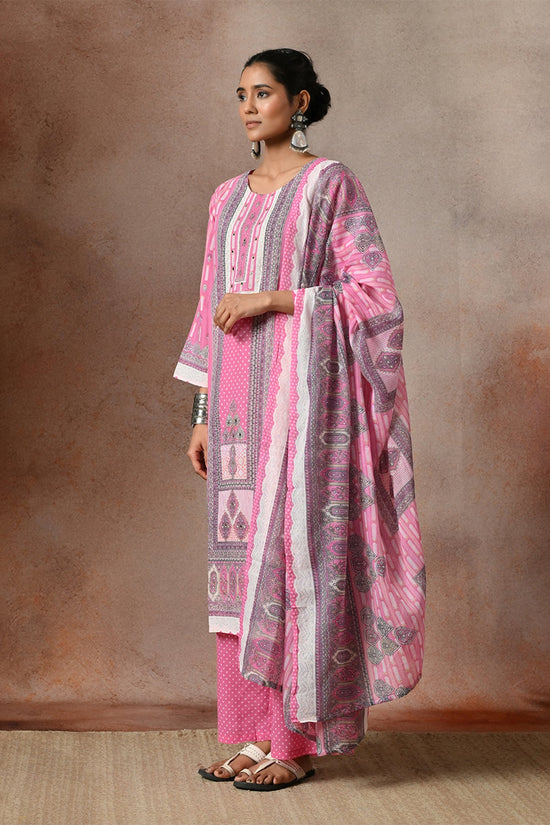 Pink Geometric & Floral Printed Kurta 3 Pcs Set